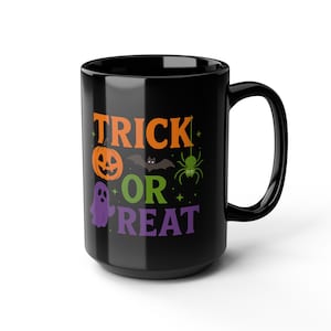 Black Halloween Mug: Trick or Treat Coffee Cup, Spooky Fall Design, tea cup