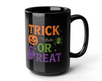 Black Halloween Mug: Trick or Treat Coffee Cup, Spooky Fall Design, tea cup