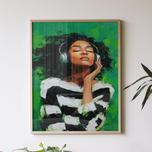 Emerald Green Abstract People Large Wall Art – Contemporary Minimalist Artwork, Black Woman Listening to Music Print, Digital Download