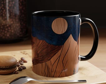 Rustikale Berg bedruckte Holzkaffeetasse mit - Holzpanel-Effekt, Teetasse geschnitzte Holzbäume Holzberg-Teetasse Kiefernbaum