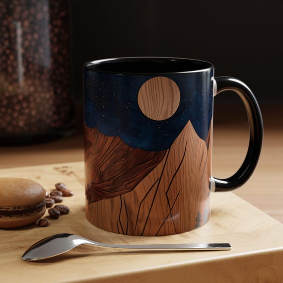 Rustic Mountain Printed Wooden Coffee Mug with  - Wood Panel Effect, Tea Mug Carved Wood Trees Wooden Mountain Tea Cup Pine Tree