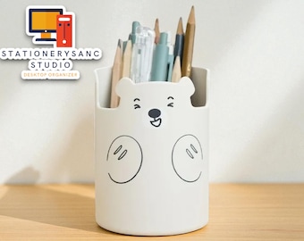 Kawaii Bear Desk Organizer: Pen & Brush Holder, Phone Stand