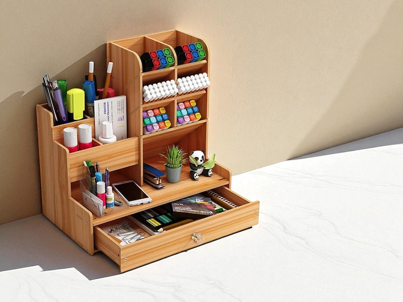 May include: A wooden desk organizer with multiple compartments and a drawer. It contains pens, markers, and other office supplies. The organizer has a natural wood finish and is designed to hold various stationery items, a phone, and small decorative items.