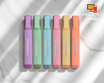 May include: A set of six pastel-colored highlighters. The highlighters are in shades of purple, green, blue, pink, yellow, and orange. Each highlighter has the text "Galaxy Glitter" printed on it. The image also includes the text "Stationery Sanc Studio Desktop Organizer".