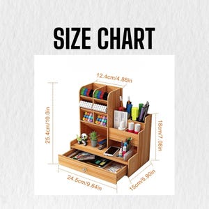 May include: Wooden desk organizer with multiple compartments and a drawer. The organizer is 10.0 inches tall, 9.64 inches wide, and 5.90 inches deep. It features sections for pens, markers, and other office supplies. The text "SIZE CHART" is at the top.