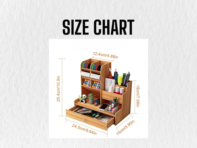 May include: Wooden desk organizer with multiple compartments and a drawer. The organizer is 10.0 inches tall, 9.64 inches wide, and 5.90 inches deep. It features sections for pens, markers, and other office supplies. The text "SIZE CHART" is at the top.