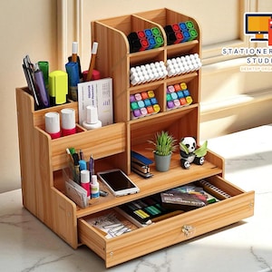Wooden Desk Organizer Box | Desktop Stationery Storage Rack | DIY Multi-Compartment Shelf | Office Supplies Drawer Caddy