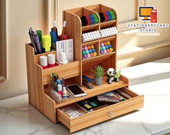 Wooden Desk Organizer Box | Desktop Stationery Storage Rack | DIY Multi-Compartment Shelf | Office Supplies Drawer Caddy