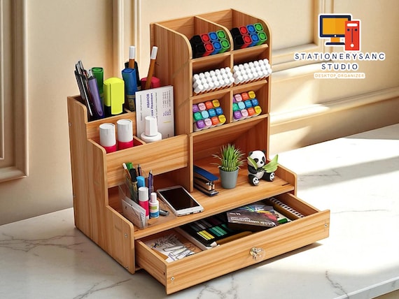 Wooden Desk Organizer Box | Desktop Stationery Storage Rack | DIY Multi-Compartment Shelf | Office Supplies Drawer Caddy