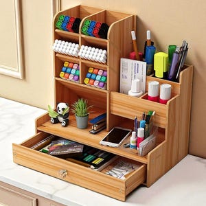 May include: A wooden desk organizer with multiple compartments and a drawer. It contains various office supplies, including pens, markers, and small plants. The organizer is made of light-colored wood and sits on a white surface.