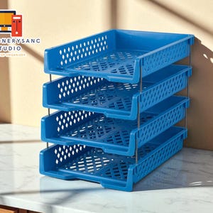 May include: A blue desktop organiser with four trays. The trays are made of plastic and have a diamond-shaped pattern. The organiser is held together by metal rods. The text "STATIONERYSANC STUDIO DESKTOP ORGANIZER" is visible.