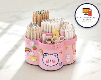 360 Rotating Pen Holder | Cute Plastic Desktop Organizer | Stationery Storage for Pencils | Fun Bear and Rainbow Design