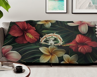 Hafa adai CNMI Seal Hibiscus Paradise Throw Blanket Saipan Tinian Rota Guam Chamorro Marianas