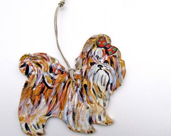 Shih Tzu Hand Painted Wooden Ornament, Christmas Dog Decoration, Shih Tzu Holidays Decor, Whimsical Long haired Shih Tzu, Red Green Dog Bow