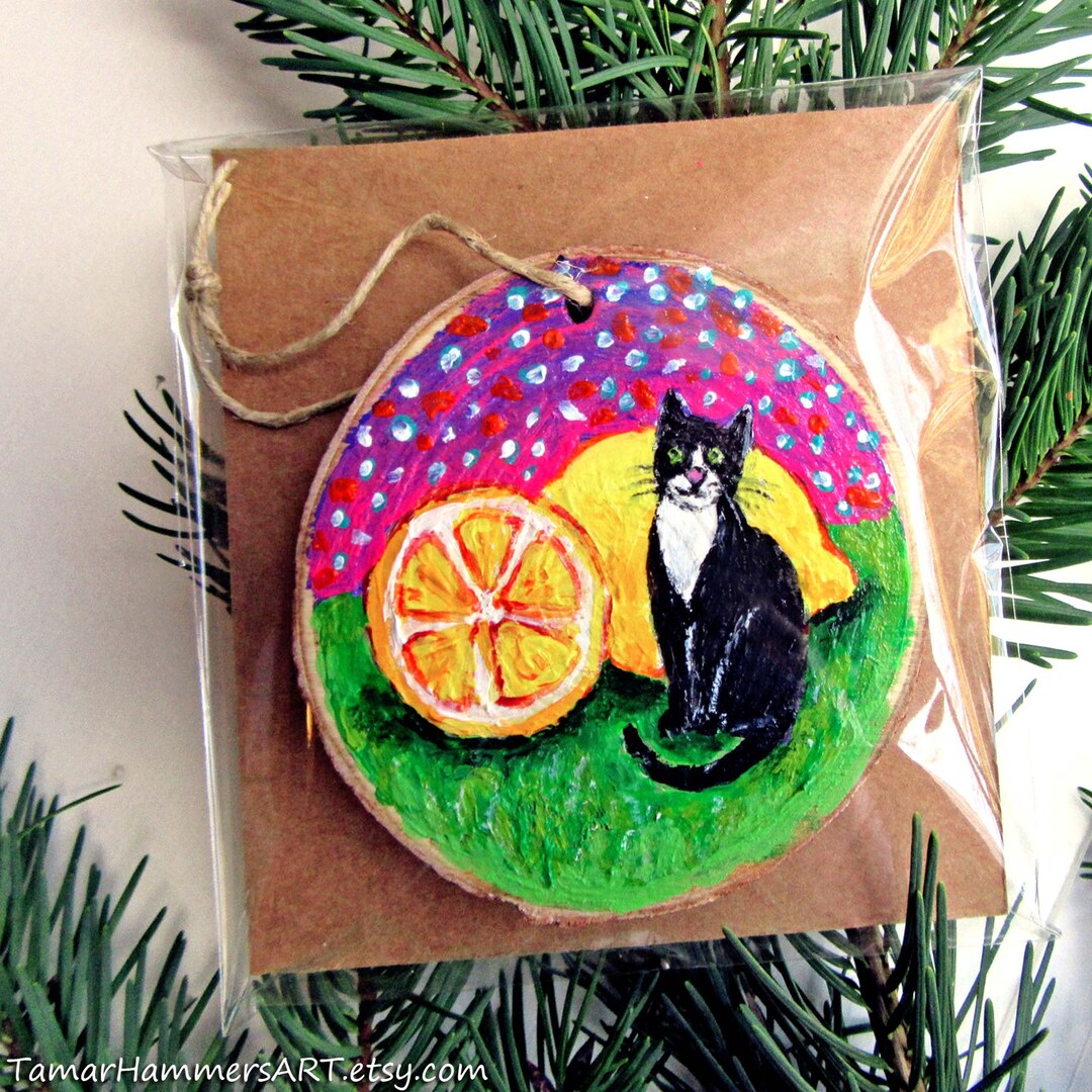 Lemon Cat Ornament Hand Painted Tuxedo Cat Gift Woodslice Etsy UK