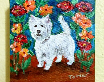 Westie Painting, Westie Gift, Dog Wall Art, West Highland Terrier, 4X4 Artwork, Original Mini Canvas, Dog and flowers, Gift for Westie Mom