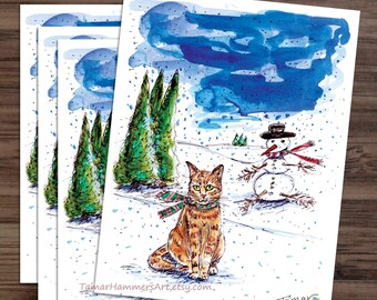 Winter Cat Cards, Cat Mom Gift, Orange Tabby in Snow, Cat with Scarf, Snowman, Winter Landscape Watercolor, Red Tabby Cat, New Year's