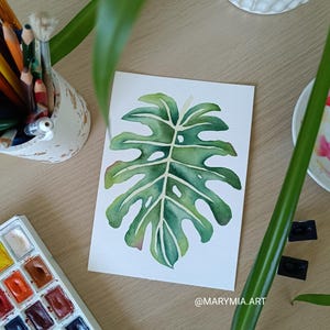 Dipinto ad acquerello originale – Foglia di Monstera – Arte botanica A5 su carta 100% cotone per la decorazione della casa o come regalo