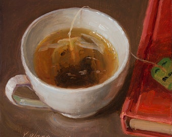 a cup of tea with a book, signed fine art print of original still life painting, 8x8 inch, Giclee Pring, Y Wang- Wang Fine Art