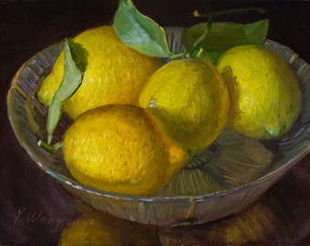 lemons in a bowl, Print of my original still life oil painting , 8x6 inch, Giclee print, Y Wang Fine Art