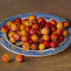 Rainier Cherries, signed fine art print of original still life painting, 10x8 inch, Youqing Wang- Wang Fine Art