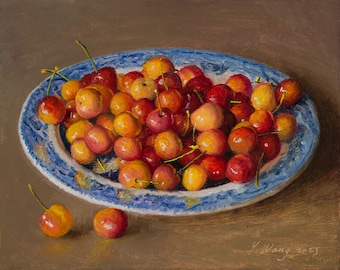 Rainier Cherries, ondertekende fine-art print van origineel stillevenschilderij, 10x8 inch, Youqing Wang-Wang Fine Art