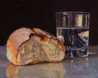 Print of my original still life oil painting, PRINT, papaya half, 8x6 inch, daily painting, food, bread and a cup of water, Y Wang Fine Art