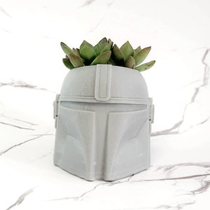 May include: A gray Mandalorian helmet-shaped planter with a succulent plant. The planter is made of a light gray material and features the iconic helmet design. The succulent has green and reddish-brown leaves.