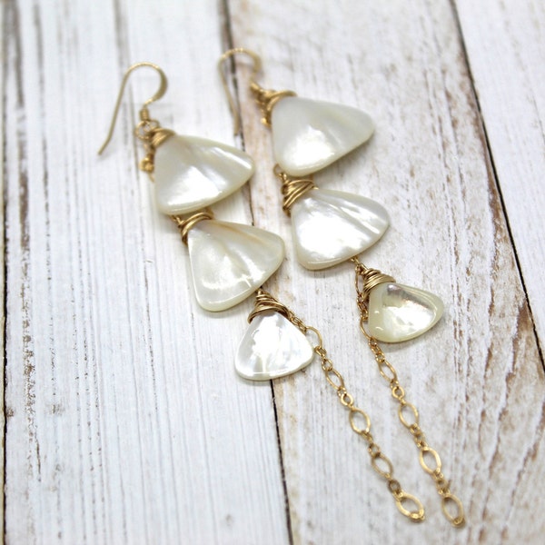 Chandra, Dangle Earrings, White Mother of Pearl Long Earrings