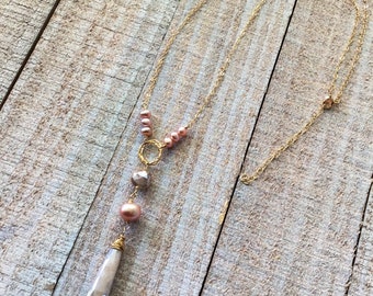 Peach Moonstone and pink pearl Drop Necklace