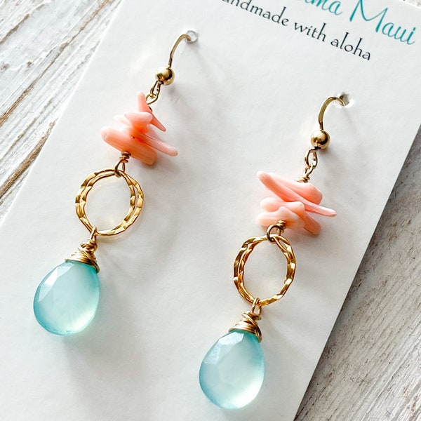 Gold fill, Aqua Chalcedony and Pink Coral “Ulani” Earrings