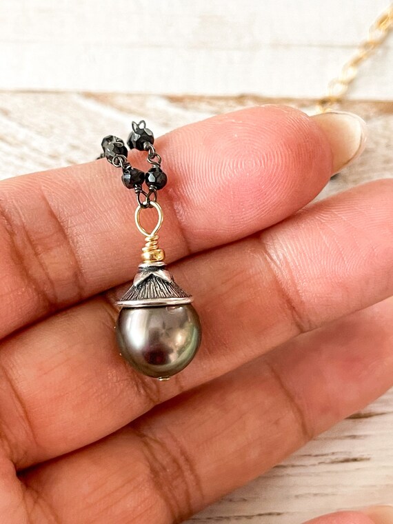 Tahitian Pearl & Black Spinel Chain Necklace - Etsy