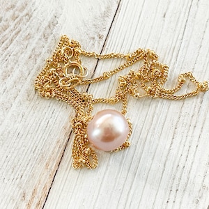 Floating Soft Pink Pearl necklace, Gold fill Satellite Chain