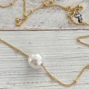Floating White Pearl necklace, Gold fill Satellite Chain