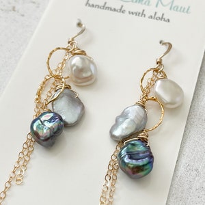 Grey Ombré Keshi Pearl Earrings, 14 kt Gold fill, Maui made Jewelry, Made on Maui