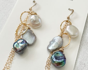 Grey Ombré Keshi Pearl Earrings, 14 kt Gold fill, Maui made Jewelry, Made on Maui