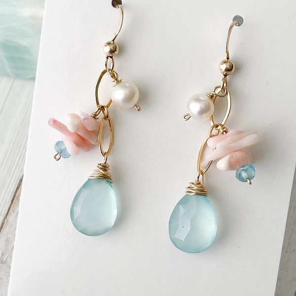 Aqua Chalcedony And Coral earrings, Ocean Jewelry, Made in Hawaii