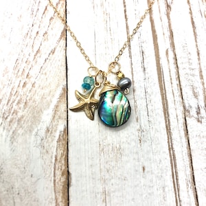 Gold fill Ocean Charm Necklace, Paua Shell, Beach Jewelry