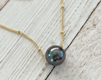 Floating Tahitian pearl necklace, Gold fill Satellite Chain