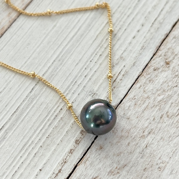 Floating Tahitian pearl necklace, Gold fill Satellite Chain