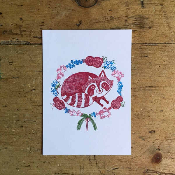 Floral Racoon - A5 Gocco handprinted art postcard