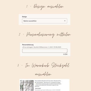 May include: A beige graphic with German text, outlining the ordering steps for custom products. It features sections for design choice, personalization, and quantity selection. Social media details and an email address are also shown.