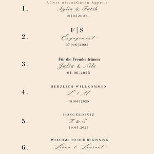 May include: A beige background featuring elegant calligraphy designs for events. The text includes names, dates, and phrases like "Engagement" and "Welcome to our Beginning." The designs are numbered and feature decorative heart accents.