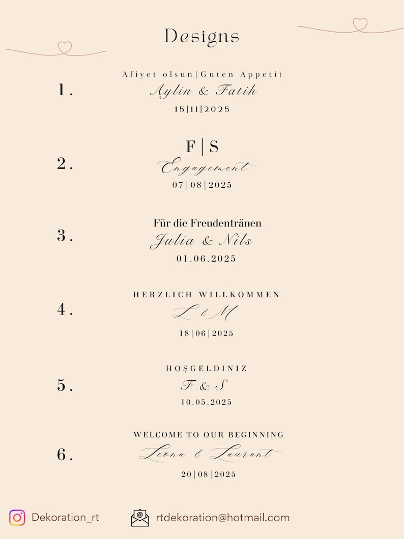 May include: A beige background featuring elegant calligraphy designs for events. The text includes names, dates, and phrases like "Engagement" and "Welcome to our Beginning." The designs are numbered and feature decorative heart accents.