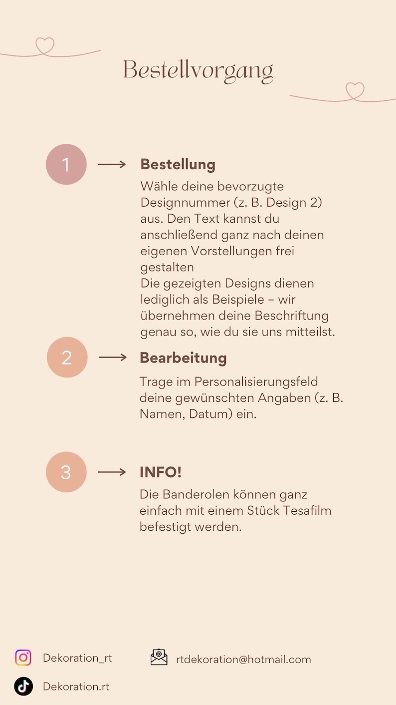 May include: A beige graphic with the text "Bestellvorgang" at the top. The graphic has three numbered sections with instructions in German. Social media handles and an email address are at the bottom.