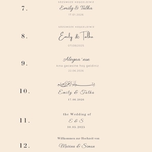 May include: A beige design template featuring wedding announcements. Text includes names, dates, and phrases in multiple languages, such as "Designs", "Emily & Talha", and "the Wedding of E & S". The design also includes a heart graphic.