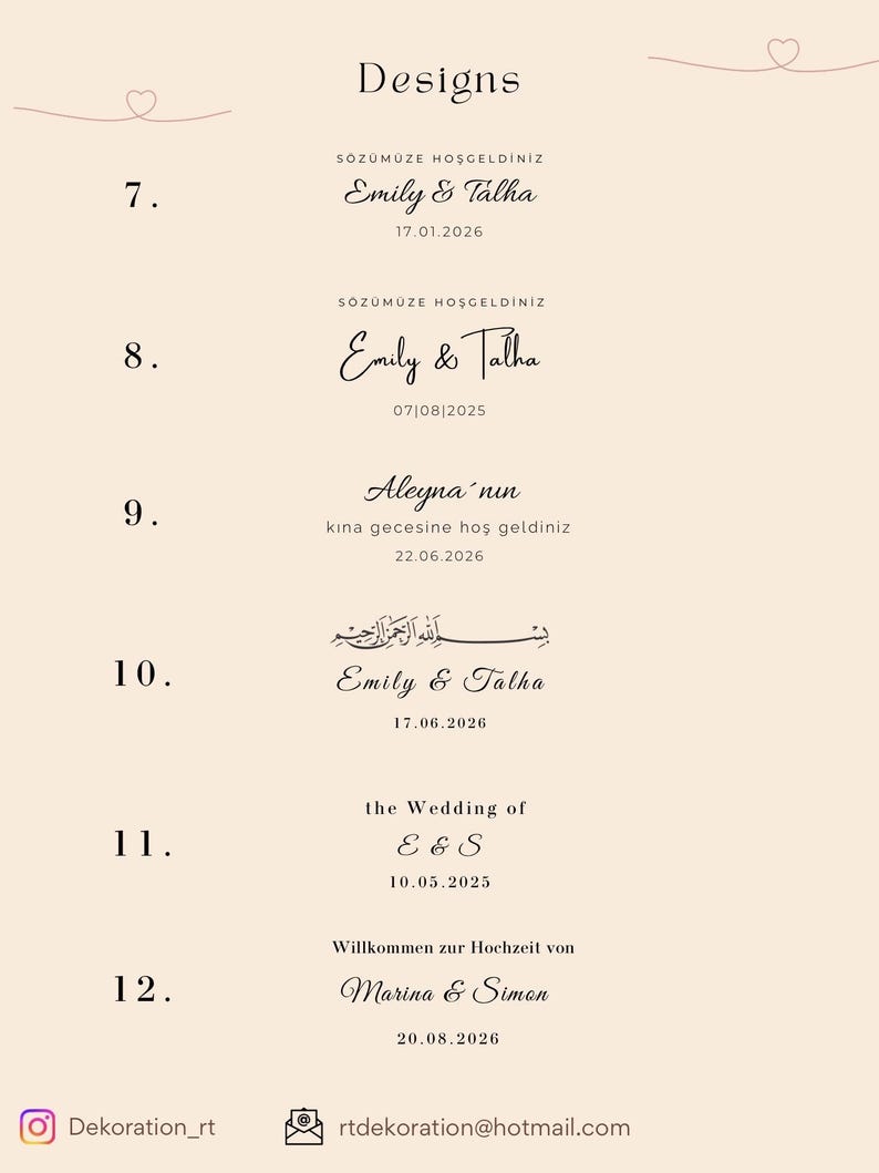 May include: A beige design template featuring wedding announcements. Text includes names, dates, and phrases in multiple languages, such as "Designs", "Emily & Talha", and "the Wedding of E & S". The design also includes a heart graphic.