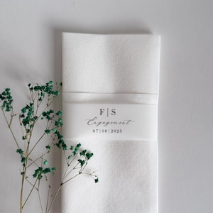 May include: A folded white linen napkin with a decorative band. The band features the initials "F|S", the word "Engagement", and the date "07|08|2025". Green sprigs of dried flowers are to the left of the napkin. The napkin is likely for a wedding or engagement.