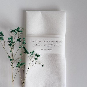 May include: A folded white napkin with a band that reads "WELCOME TO OUR BEGINNING" with the names Leena & Laurent and the date 20|08|2025. Green sprigs of dried flowers are on the left side of the napkin.