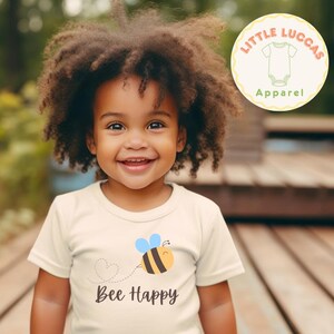 Bee Happy Toddler Tee, Kids T-Shirt, Children&#39;s Clothing, Cute Bumblebee Shirt, Happy Vibes Top, Positive Vibes Toddler Short Sleeve Tee